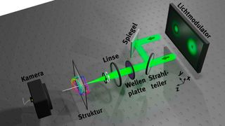 Daten übertragen: Optischer Aufbau mit räumlichem Lichtmodulator, durch den die zwei einfallenden Strahlen (nicht eingezeichnet) modifiziert werden, sodass deren Überlagerung die Hopfion-Struktur erzeugt. Die Wellenplatte stellt, zusammen mit dem Strahlteiler, die Polarisation für einen Strahl linkszirkular und für den anderen rechtszirkular ein. (Bild: WWU - Ramon Droop)