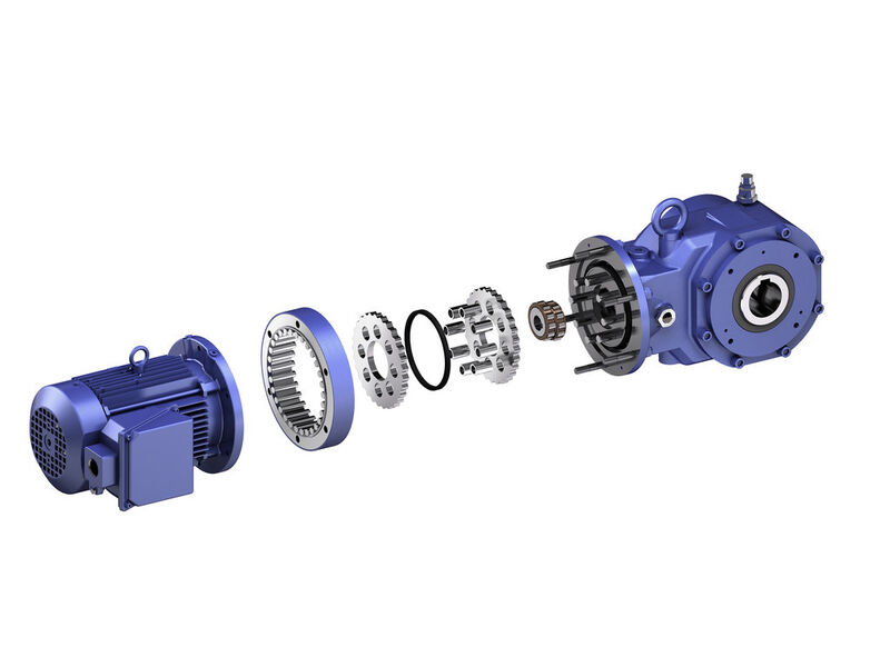 Das Bild zeigt den Aufbau des Kegelradaufsteckgetriebes mit Cyclo-Vorstufe BBB5. (Bild: Sumitomo Cyclo Drive Germany)