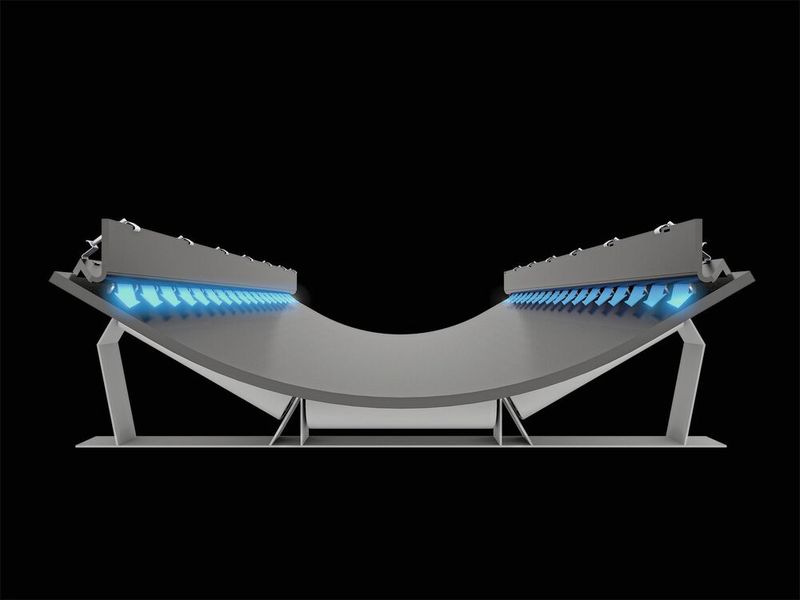 Das Wirkprinzip des „Airscrape“: Die Seitenabdichtung für Fördergurte erzeugt einen Luftsog, der die staubhaltige Luft in Richtung Gurtmitte leitet. Das verhindert wirksam Staubentwicklung und Verschüttungen an Übergabepunkten. (Bild: Scrapetec)