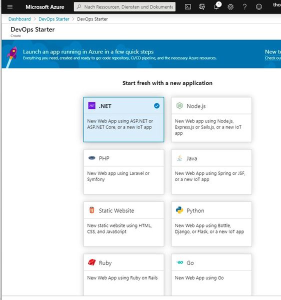 Beim Starten des Assistenten zum Erstellen eines neuen Projektes wird eine vordefinierte Umgebung ausgewählt oder eigener Code integriert. Azure DevOps Starter verwendet Beispielanwendungen für ein besseres Verständnis. (Bild: Joos / Microsoft)