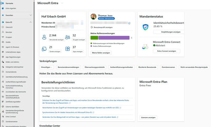 Die Übersicht von Microsoft Entra stellt Mandanteninformationen, Rollenverteilungen, Sicherheitsstatus sowie den Aktivierungszustand von Entra Connect zentral dar. (Bild: Thomas Joos)