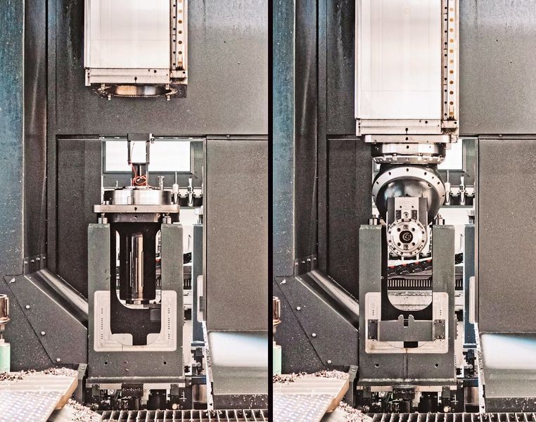 Der automatische Austausch von Fräsköpfen aus dem Speicher in der „Tool Arena“ erfolgt mithilfe eines Shuttles. Hier wird ein vertikaler Fräsvorsatz (links) gegen einen Winkelkopf getauscht. (Bild: onemorepicture / Bimatec Soraluce)