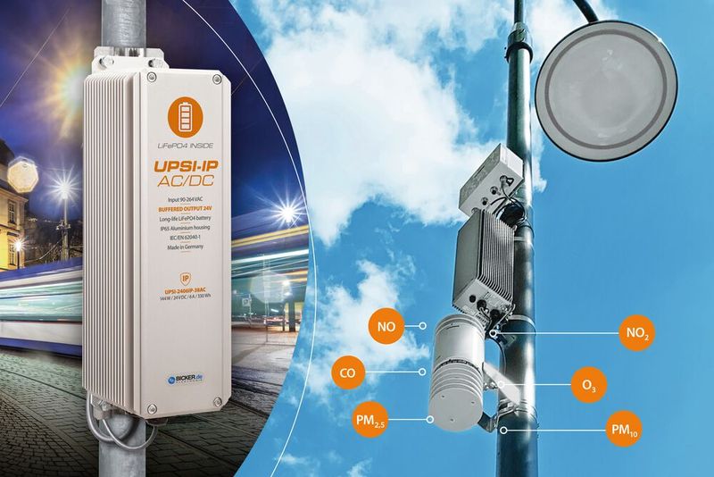 Die massgeschneiderte AC/DC-USV-Lösung UPSI-2406IP-38AC von Bicker Elektronik gewährleistet die zuverlässige 24/7-Stromversorgung der Umweltsensorik von Vaisala mit 24VDC. Das Outdoor-USV-System mit besonders langlebiger LiFePO4-Batterietechnologie wird während der Nachtstunden aus dem AC-Netzanschluss der Strassenlaterne gespeist.  (Bild: Bicker Elektronik/Vaisala/Adobe Stock Tobias Arhelger)