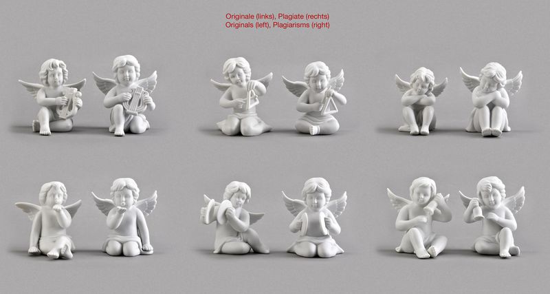 Plagiarius 2015  -  Auszeichnung Porzellan-Engel „Lyra“ / „Triangel“ / „sitzend“ / „Handkuss“ / „Becken“ / „Glocke“ links Originale:	WUNASIA Handelsgesellschaft mbH, Wunsiedel, Deutschland rechts Plagiate:	Rosenthal GmbH, Selb, Deutschland  (Bild: Aktion Plagiarius e.V.)