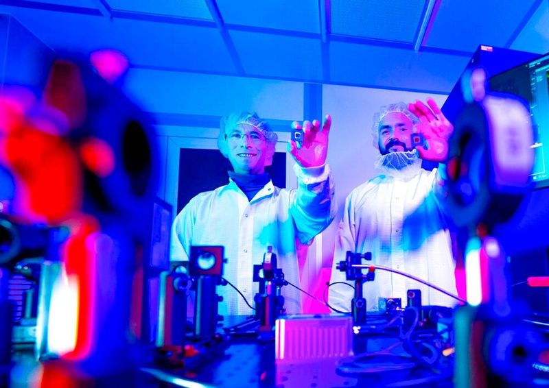Dr. Maxim Darvin und Felix Bennewitz erforschen am Fraunhofer IPMS in Cottbus neuartige Mikrospiegel für eine schärfere Auflösung von Mikroskopen. (Bild: Sascha Thor,BTU)