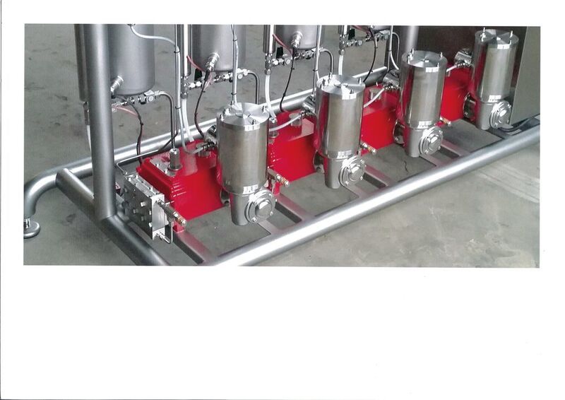 Battery of ­Hydra-Cell MT8 metering pumps on extrusion system at pet food plant. (Wanner)