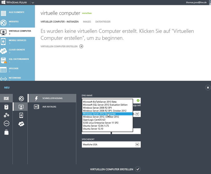 In Windows Azure erstellen Administratoren auch schnell und einfach virtuelle Server. (Bild: Joos)