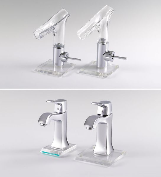 Sieben gleichrangige „Auszeichnungen“ wurden verliehen: Waschtischmischer „Axor Starck V“ und „Metris Classic“. Originale (links): Hansgrohe SE, Schiltach, Deutschland. Plagiat „Axor” Taizhou Ranbo Sanitary Ware, Zhejiang, VR China, Plagiat „Metris”: Heshan Khone Sanitary Ware Technology, Zhejiang, VR China. (Aktion Plagiarius e.V.)