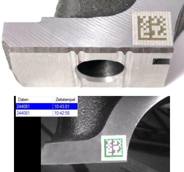 Data-Matrix-Code mit inverser Hintergrundlaserung auf poliertem Stahl und darunter die Rücklesung mit dem Codeleser. (ACI Laser)