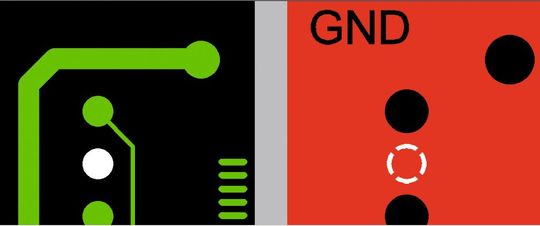 Links: Das Pad. Rechts ist eine Wärmefalle in einer Powerplane (heat isolation, Thermalpad) zu sehen(Bild:  LeiterplattenAkademie GmbH)