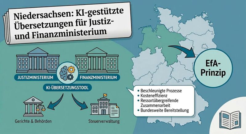 Arbeitsteilung: Das Justiz- und Finanzministerium Niedersachsen arbeiten gemeinsam an einer KI-gestützten Übersetzung mit Nachnutzungspotenzial.(Bild:  Gemini / KI-generiert)