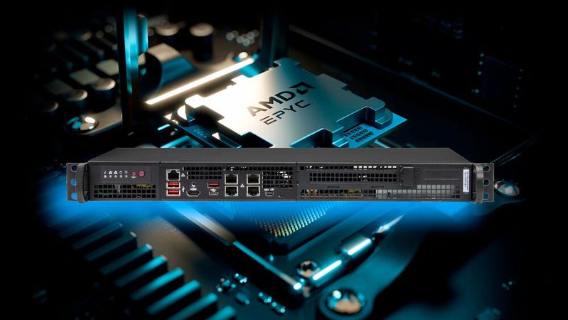 Die neuen KI-Edge-Systeme von Supermicro nutzen Prozessoren aus AMDs Epyc-4005-Familie mit bis zu 16 Zen-5-Cores und nur 65 Watt TDP.(Bild:  AMD, Supermicro (Montage: Klaus Länger))