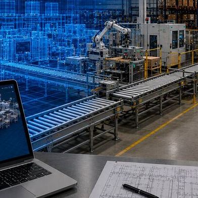 Muss die zukünftige Lager- und Materialflussstruktur eines Werksstandorts geplant werden, kann der digitale Planungszwilling nachweisen, ob die Struktur auch bei Spitzenlasten oder verändertem Produktmix funktioniert. (Bild: KI-generiert)