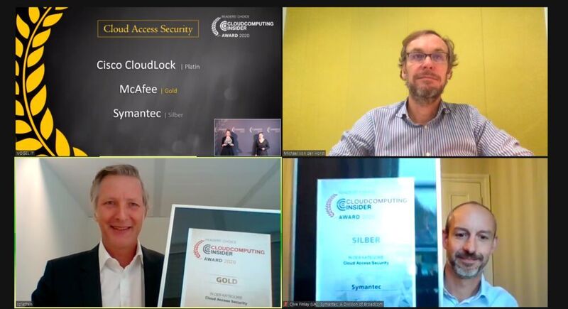 In der Kategorie Cloud Access Security nahmen Dr. von der Horst Platin für Cisco CloudLock , Sascha Plathen Gold für McAfee und Clive Finlay Silber für Symantec entgegen. (Vogel IT-Medien)