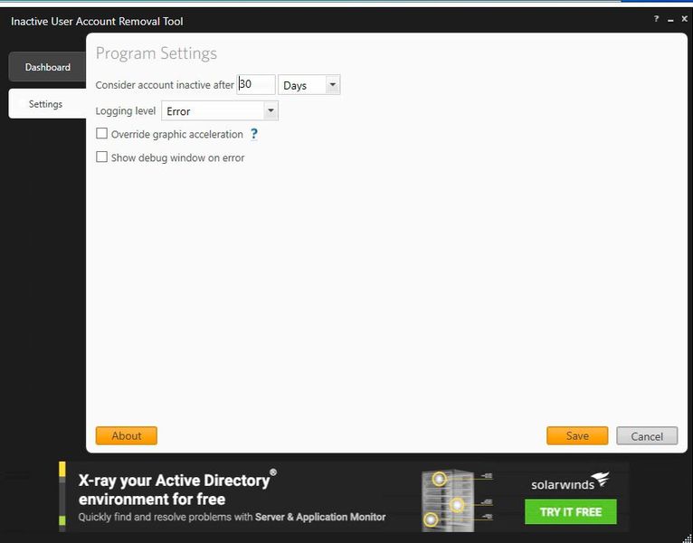 In den Einstellungen von Inactive Account Removal Tool kann festgelegt werden, wann das Tool Konten als veraltet betrachten soll. (Bild: Joos / SolarWinds)