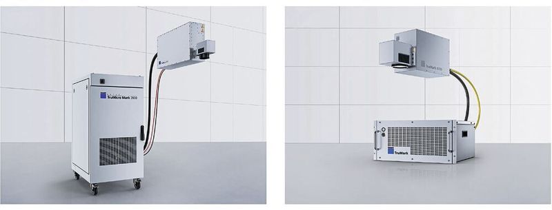 Zwei Komplettlösungen von Trumpf zum Markieren spritzpassivierter Medizinstähle: Der Beschriftungslaser Trumicro Mark 2000 (links) für Black-Marking-Beschriftungen mit ultrakurzen Laserimpulsen und der Beschriftungslaser Trumark 6030 (rechts) für Anlassbeschriftungen mit Nanosekundenpulsen.  (Trumpf)