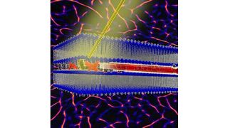 An image showing the light excited by a molecular switch (yellow shape between the blue molecular layers that are the path) and the motion of the red molecule along the path. The background is a coloured image obtained with the optical microscope used to observe the movement. (Universitat de Barcelona)
