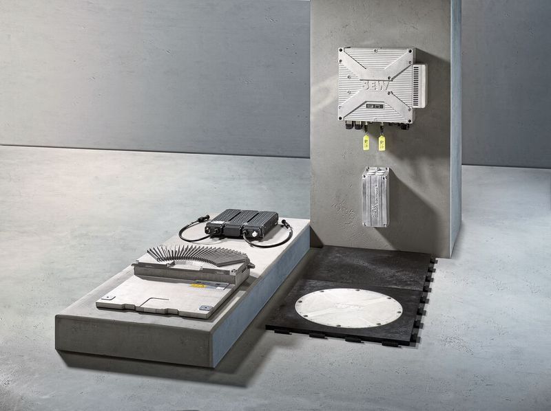 Mit Movitrans spot können die Fahrzeuge in kurzer Zeit ihre Energiespeicher aufladen und dann frei im Raum navigieren. Links im Bild: Übertragerkopf und Energiespeicher, rechts: dezentrale Einspeisung, Kompensationsbox und Verlegematte mit Feldplatte.  (Bild: SEW-Eurodrive)