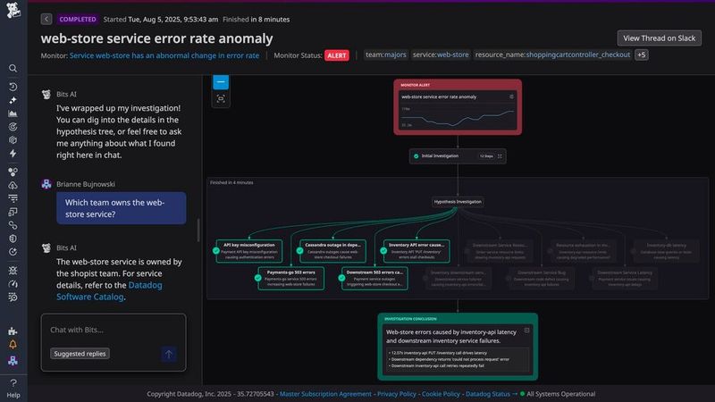 Bits AI erstellt bei Vorfällen automatisch Hypothesen zur Fehlerursache, priorisiert wahrscheinliche Auslöser und unterstützt Teams bei der Behebung von Störungen.(Bild:  Datadog)
