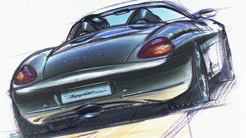 In vier Jahren von der Vision zur Serie: Frühe Porsche Boxster (986) Designskizze aus dem Jahr 1992. (Bild: Porsche)