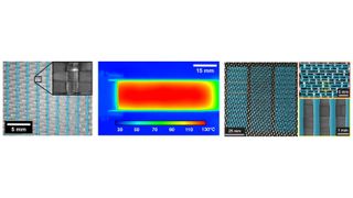 3D-gedruckter thermoplastischer Heilungsstoff (blaue Einfärbung) auf Glasfaserverstärkung (links); Infrarotthermogramm während der in-situ-Selbstheilung eines gebrochenen Faserverbundwerkstoffs (Mitte); 3D-gedruckter Heilungsstoff (blau) auf Carbonfaserverstärkung (rechts).  (Bild:  Jason Patrick, NC State University)