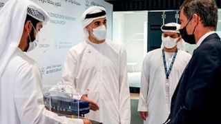 H.H. Sheikh Khaled bin Mohamed bin Zayed Al Nahyan, Member of Abu Dhabi Executive Council and Chairman of Abu Dhabi Executive Office, meets with officials from AD Ports Group and CMA CGM Group to witness the signing of a concession agreement between them. (AD Ports Group )