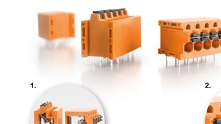 Weidmüller Omnimate Signal Klemmen LMF: Leiterplattenklemme mit Push-in-Anschlusstechnik. Detail 1: Leiterabgangsrichtung 90° und 180°. Detail 2: „Pusher“: Durch Betätigen des „Pushers“ lässt sich die Klemmstelle leicht öffnen. (Weidmüller)