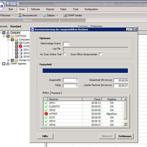 Abbildung 1: Nach dem Start wählen Administratoren über den Assistenten aus, ob sie Rechnerdaten aus Active Directory auslesen wollen oder über einen IP-Bereich. Danach lässt sich das Netzwerk scannen. Über den Menübereich Scan können Administratoren den Scanvorgang jederzeit erneut starten und neue Aufträge anlegen. Server die das Tool nicht erreichen kann, kennzeichnet der Assistent entsprechend.