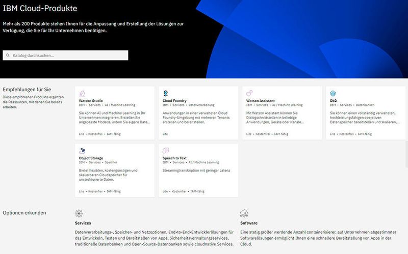 Anzeigen der verschiedenen Ressourcen, die auch kostenlos und in der Lite-Version in der IBM Cloud zur Verfügung stehen. (IBM/Joos)