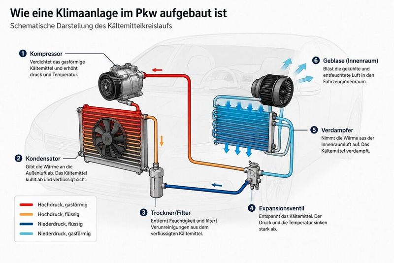 Der Aufbau einer Klimaanlage ist relativ einfach. Das Kältemittel dient es Transporteur für die Wärme von Innen nach außen. (Bild: sp-x/KI)