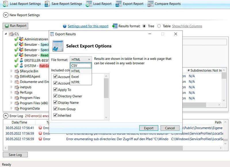 Das Exportieren von Informationen ist mit NTFS Permissions Reporter ebenfalls möglich. (Bild: Joos / CJWDEV)