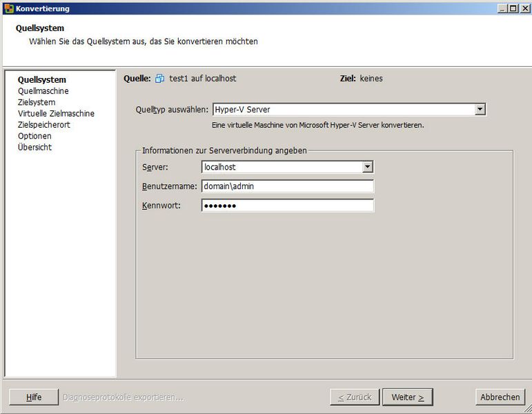Abbildung 1: 1: Der VMware Converter stellt die Verbindung zum Hyper-V-Server her. Läuft dieser auf einem anderen Host, richtet der Converter dort einen Agenten ein. (Bild: Stolzenberger)