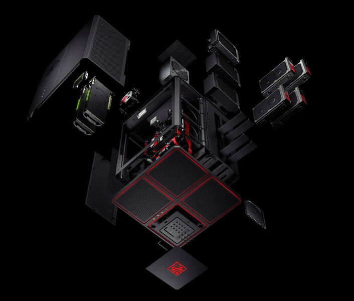 HP Omen X: Die Explosionsgrafik zeigt die Aufteiliung der Komponenten auf die drei Kammern des Gehäuses. (HP)