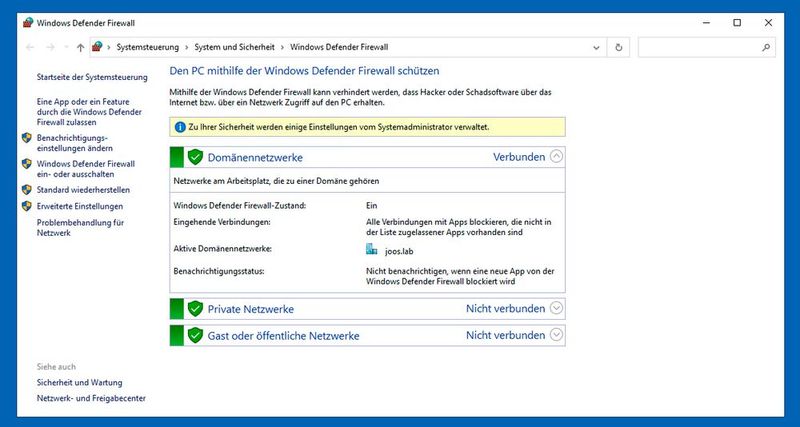 Firewall-Einstellungen in der grafischen Oberfläche anzeigen und Einstellungen bezüglich der Netzwerkprofile vorzunehmen. (Bild: Microsoft - Joos)