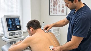 Bei der nicht-invasiven Rückenmarksstimulation werden Elektroden auf der Haut platziert, um Nervenbahnen zu aktivieren und motorische Funktionen zu unterstützen. (Bild: GPT Image Editor / KI-generiert)