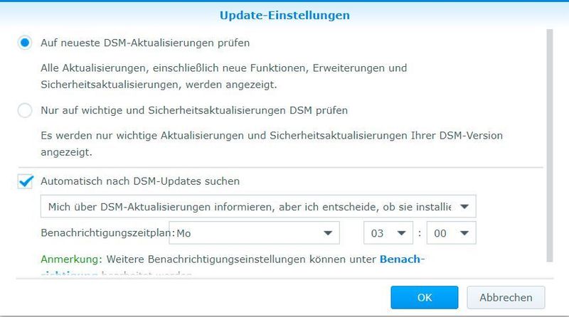 Die DSM Aktualisierung bietet viele Optionen. Auch für „Auto-Update-Gegner“. (Synology)