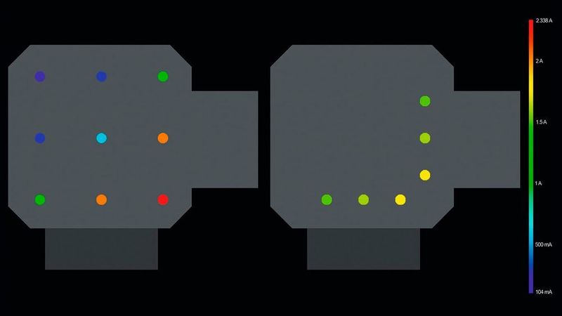 Bild 1: Unterschiedliche Stromverteilung von 0,1 bis 2,3 A in einem Via-Feld und Optimierung. (FlowCAD)