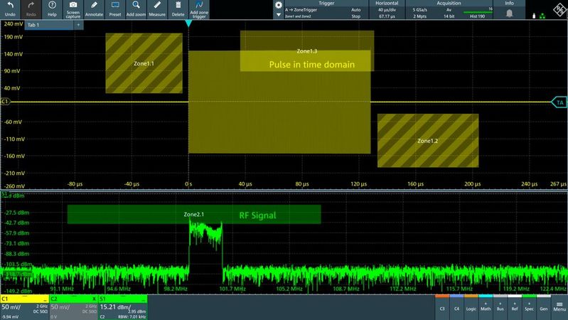 Zone trigger: When conventional edge or pattern triggers reach their limits, the time has come for the zone trigger. By simply drawing zones on the oscilloscope display, rare anomalies can be isolated with pinpoint accuracy.(Picture: Rohde & Schwarz)