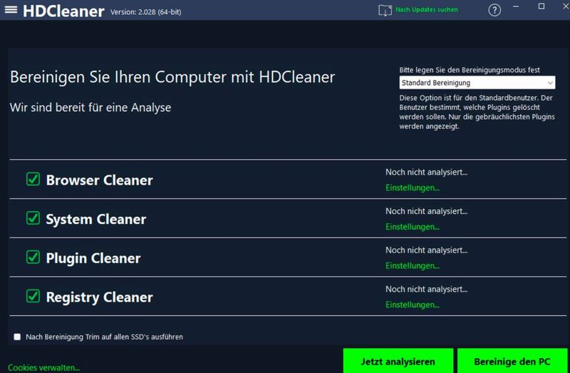 Festlegen der Optionen zum Bereinigen von Windows mit HDCleaner. (Bild: Joos (Screenshot))