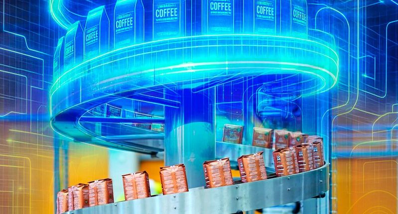 Mithilfe eines digitalen Zwillings der Anlage und künstlicher Intelligenz steuert sich die Bon-Presso-Kaffeerösterei teilweise selbst.(Bild:  Schwarz Produktion / KI-generiert)