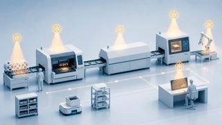 Stilisierte Produktionslinie mit markierten Einsatzpunkten für KI – etwa in Monitoring, virtuellen Sensoren und Prozessregelung (Symbolbild). (Bild: Dall-E / KI-generiert)