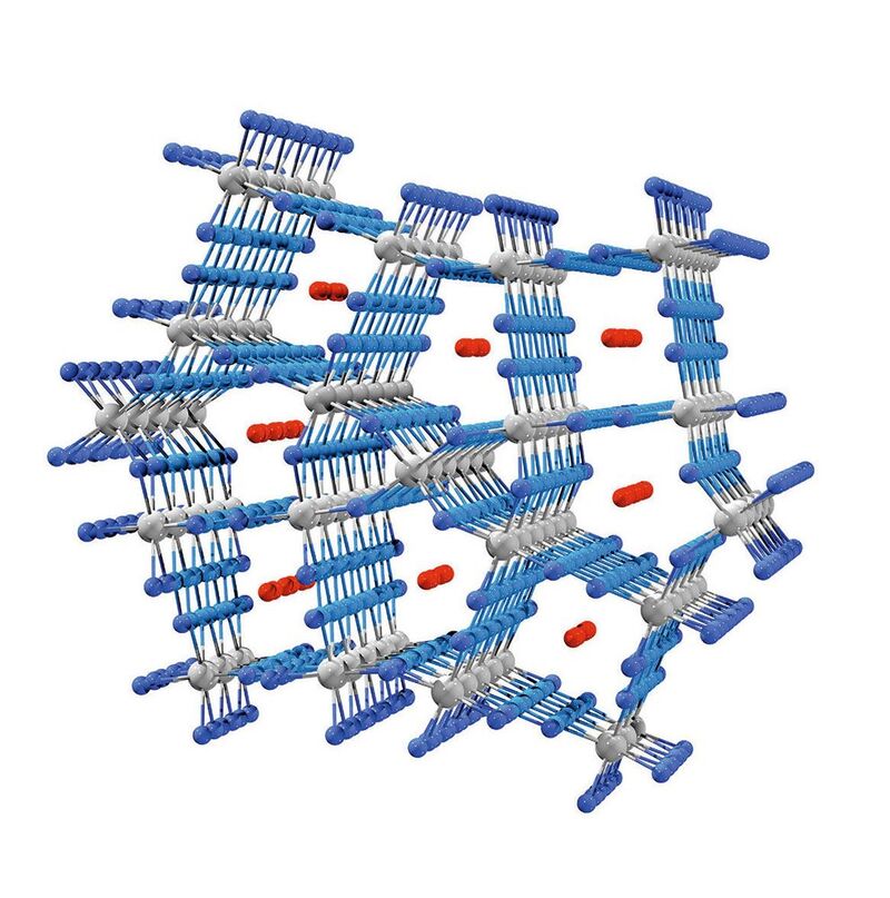 Metallische anorganische Gerüststruktur von Os₅N₂₈; Blau sind Stickstoff-Atome, grau Metall-Atome und rot die Stickstoff-Moleküle in den Zwischenräumen.