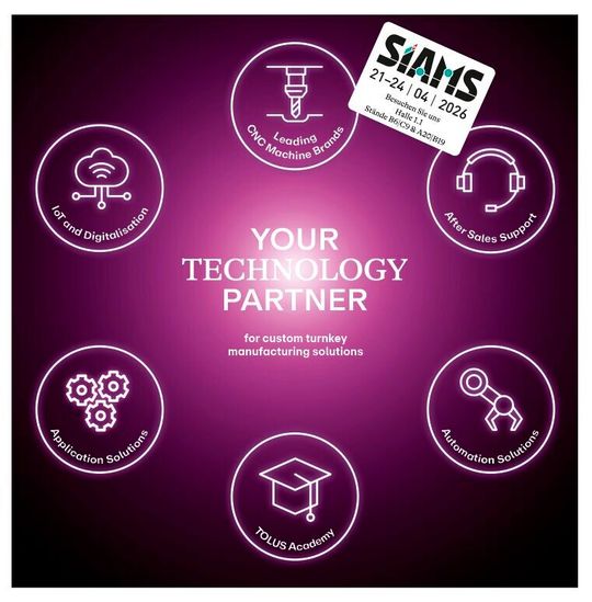 Auf der SIAMS 2026 gibt «Your Technology Partner», die Tolus Group, einen umfassenden Überblick über kundespezifische, schlüsselfertige Produktionslösungen und innovative Maschinen, die den Fertigungsprozess effizienter und präziser gestalten.(Bild:  Tolus)