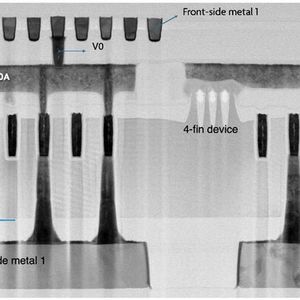 Bild 3: TEM-Bild, das eine spezielle Implementierung einer rückseitigen Stromverteilung zeigt. Der Strom wird von der Rückseite zu den FinFETs auf der Vorderseite über Nano-TSVs geleitet, die auf einer vergrabenen Stromschiene andocken.(Bild:  Imec)