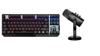 Das Vigor GK50 Low Profile TKL ist die Kompaktversion des flachen mechanischen Keyboards von MSI. Da MSI hier auf den Ziffernblock verzichtet hat, ist es nur knapp über 35 cm breit. Das Immerse GV60 ist ein USB-Microfon mit vier verschiedenen Aufnahmemodi. (MSI)