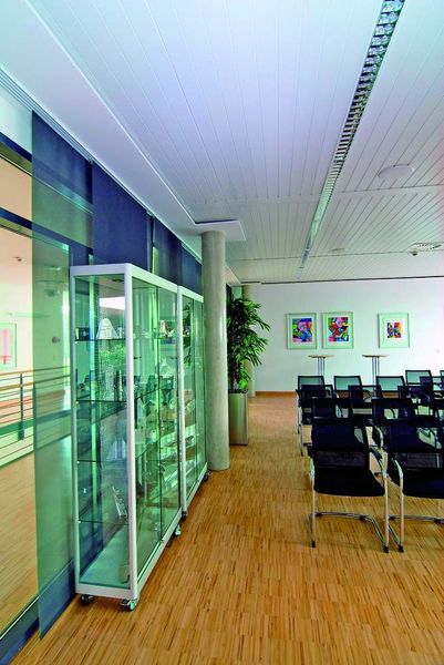 Der Bürotrakt wird durch ein Deckensegel sowohl behaglich und zugluftfrei beheizt als auch effektiv gekühlt. Bilder: Zehnder (Archiv: Vogel Business Media)