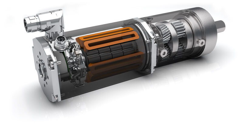 Das Bild zeigt das Schnittmodell des Planetengetriebes PLG 95 in Kombination mit dem neuen, leistungsstärkeren BLDC-Motor BG 95. (Bild: Dunkermotoren)