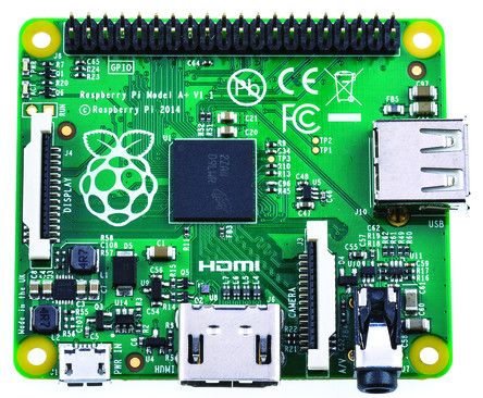 Raspberry Pi A+: zählt mit Broadcom-SoC Singlecore 2835 mit ARMv6/ARM11 zur Familie Raspberry Pi 1 mit 700 MHz Takt und lediglich 256 MB DDR2-RAM.  (Bild: RS Components)
