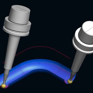 Eine Möglichkeit in Tebis: Werkzeugorientierung beim 5-achsigen Simultanfräsen mit einer Kurve steuern.(Bild:  Tebis)