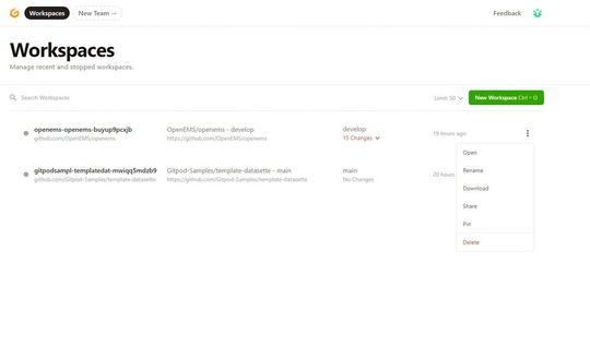 Beim Starten von Gitpod stehen die Workspaces zur Verfügung, mit denen Entwickler arbeiten können.(Bild:  Joos / Gitpod)